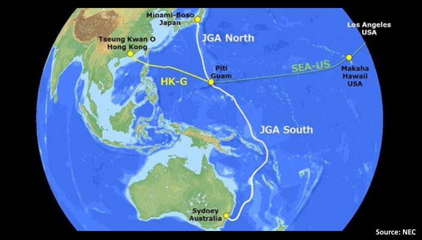 Route map for the Japan-Guam-Australia Cable System (JGA)